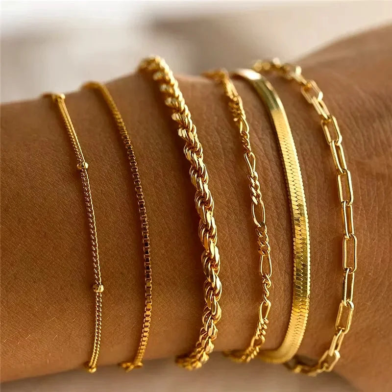 6Pcs Gold Color Multilayer Bracelet Set Boho Retro Thick Twist Cuban Chain Bracelet for Women 2026 Trendy Quality Jewelry Gifts