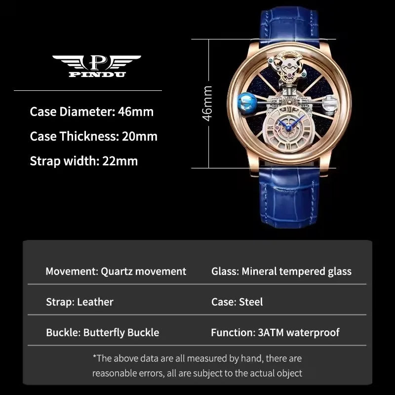 PINDU Design Man Wristwatch Transparent Hollow Design Celestial Roulette Quartz Watches Water Resistant Leather Men's Watch Box