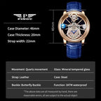 PINDU Design Man Wristwatch Transparent Hollow Design Celestial Roulette Quartz Watches Water Resistant Leather Men's Watch Box