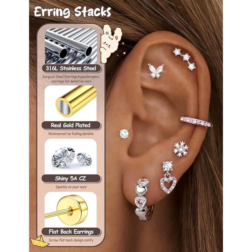 14 Pairs Hypoallergenic Flat Back Earrings for Women-Surgical Stainless Steel Earrings for Sensitive Ears-Cute Flatback Stud Earring Set Small Hoops Cartilage Earring Stacks
