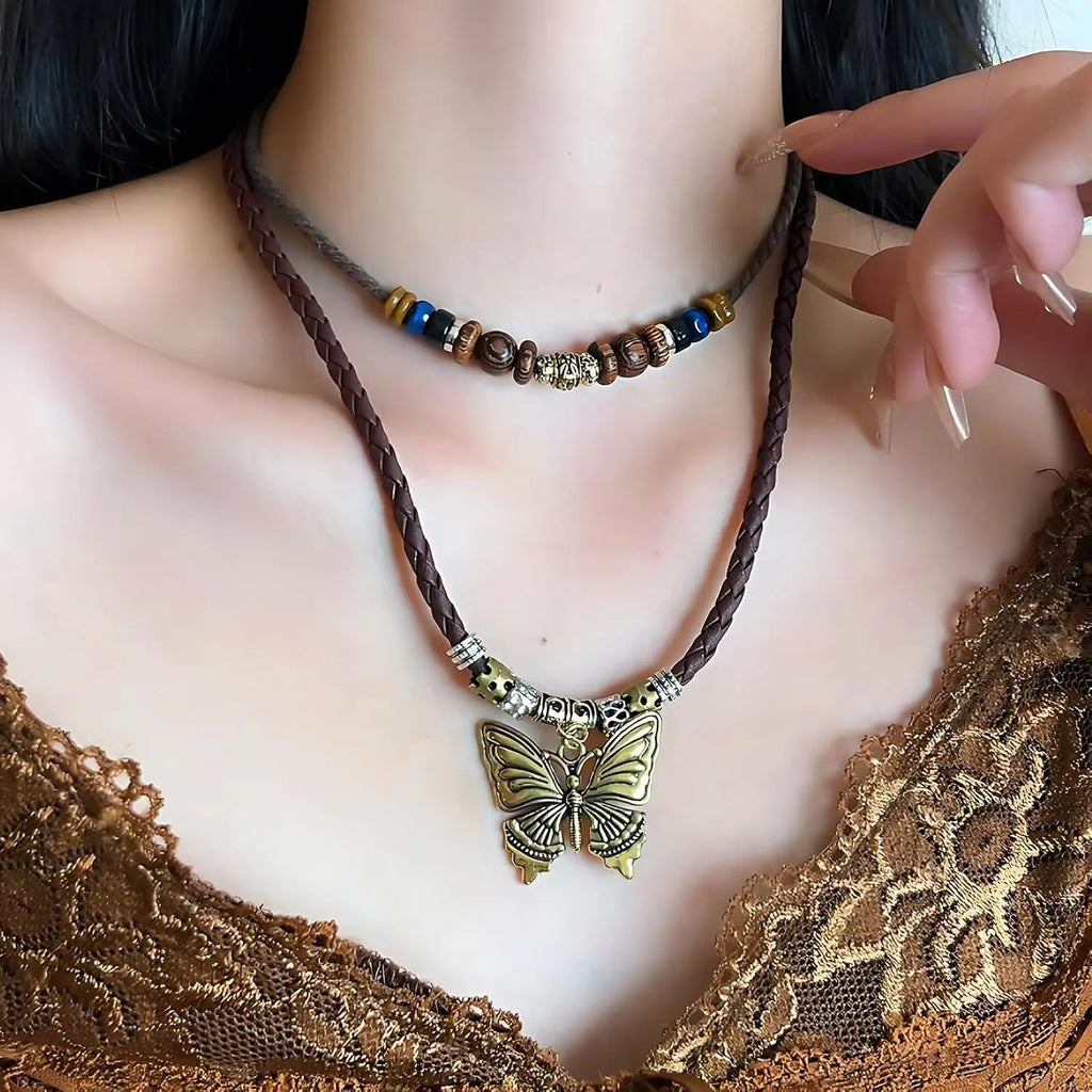 Boho Necklace for Women,Vintage Butterfly Pendant Necklaces,Adjustable Wooden Beads Layered Braided Choker,Fashion Tribal Style Leather Rope Necklace Jewelry,Chunky Statement Gift for Women