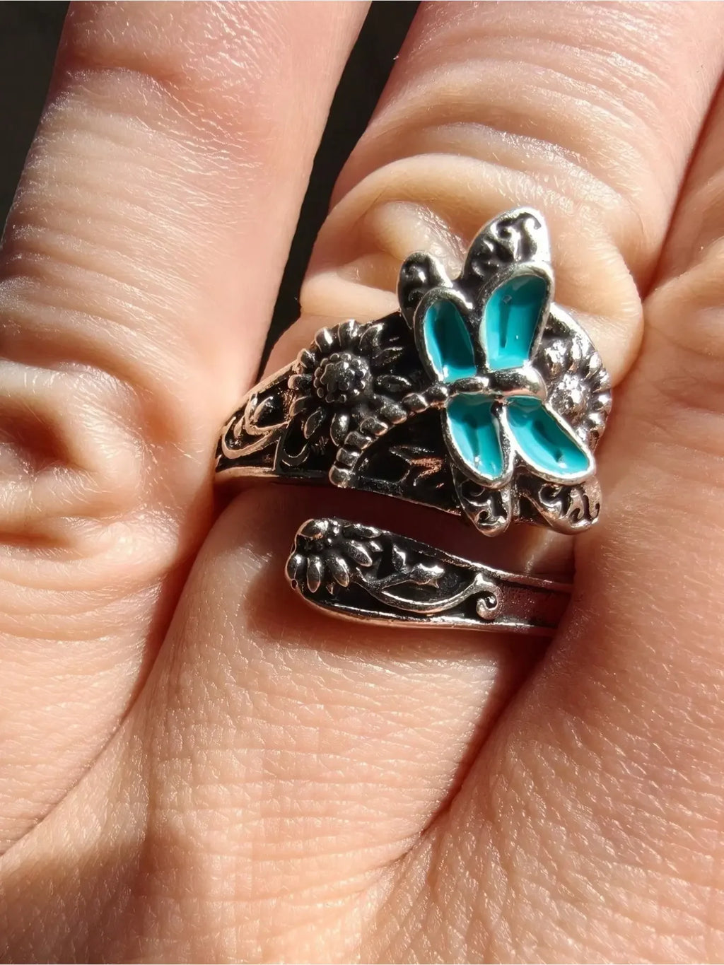 Retro Bohemian Style Silver Sunflower Ring, Vintage Rings, Boho Style Rings, Dragonfly/butterfly Spoon Ring, Ladies' Victorian Style Floral Jewelry, Party Gift, Anniversary Souvenir, Adjustable