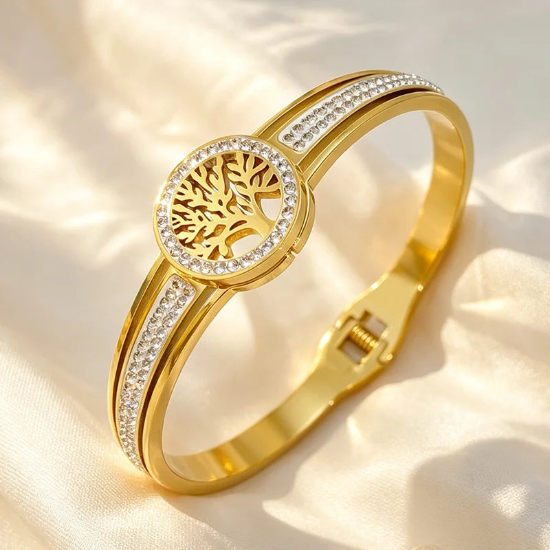 Tree Of Life Crystal Bangle For Women, Gold Stainless Steel Spring‑Open Bracelet, Waterproof Hypoallergenic Fade‑Resistant Inlay Crystal Statement Jewelry Gift