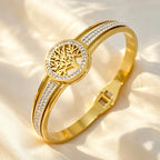 Tree Of Life Crystal Bangle For Women, Gold Stainless Steel Spring‑Open Bracelet, Waterproof Hypoallergenic Fade‑Resistant Inlay Crystal Statement Jewelry Gift