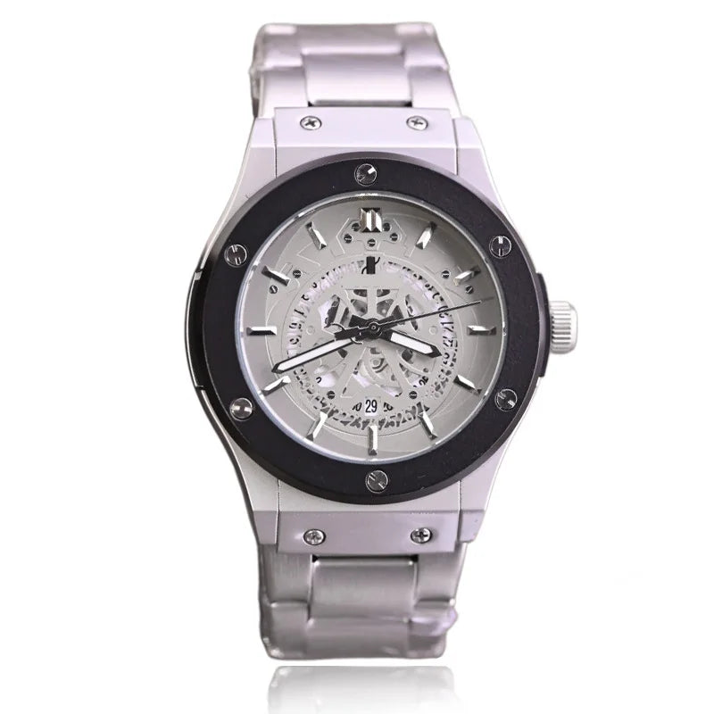 Fashion Luxury‑Style Mens Quartz Wristwatch Hollow‑Cut Dial Alloy Case Metal Strap Date Display Daily‑Waterproof Casual Sports Watch for Men