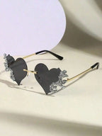 1Pc Y2K Retro Frameless Rhinestone Flame Fashion Glasses For Women, Sparkle Sunshade Beach Accessories & Valentine's Day Gifts mbzr