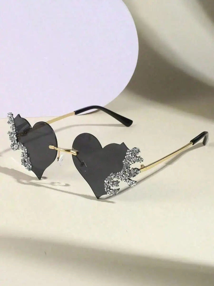 1Pc Y2K Retro Frameless Rhinestone Flame Fashion Glasses For Women, Sparkle Sunshade Beach Accessories & Valentine's Day Gifts mbzr