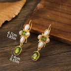 Dainty Green Peridot Pearl Cross Drop Earrings Trendy Gold Plated Oval Gemstone Ear Hook Earrings Minimalist Fine Jewelry Birthday Gift for Women