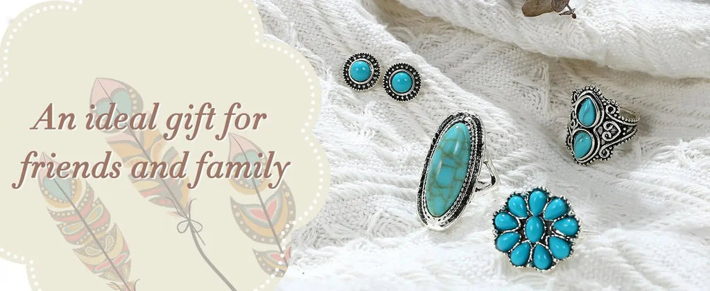 Bohemian Turquoise Jewelry Set Pendant Choker Necklace Faux Leather Cuff Bracelet Hoop Dangle Earrings mbzr
