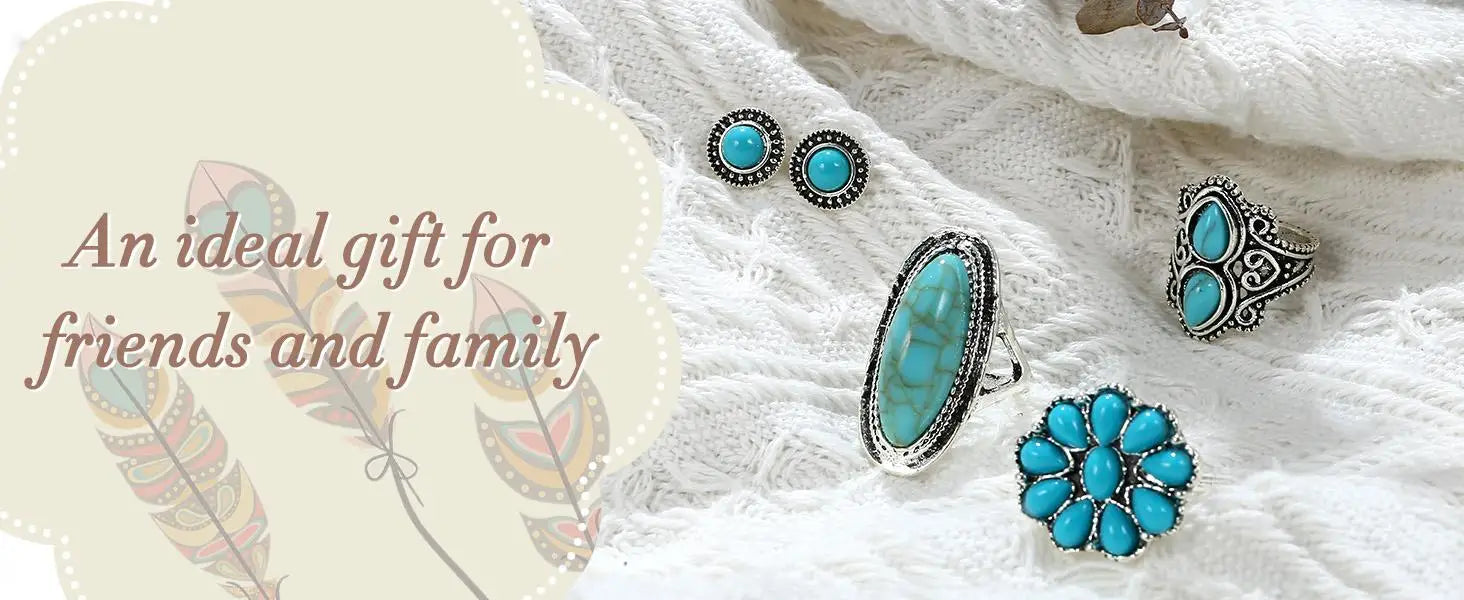 Bohemian Turquoise Jewelry Set Pendant Choker Necklace Faux Leather Cuff Bracelet Hoop Dangle Earrings mbzr