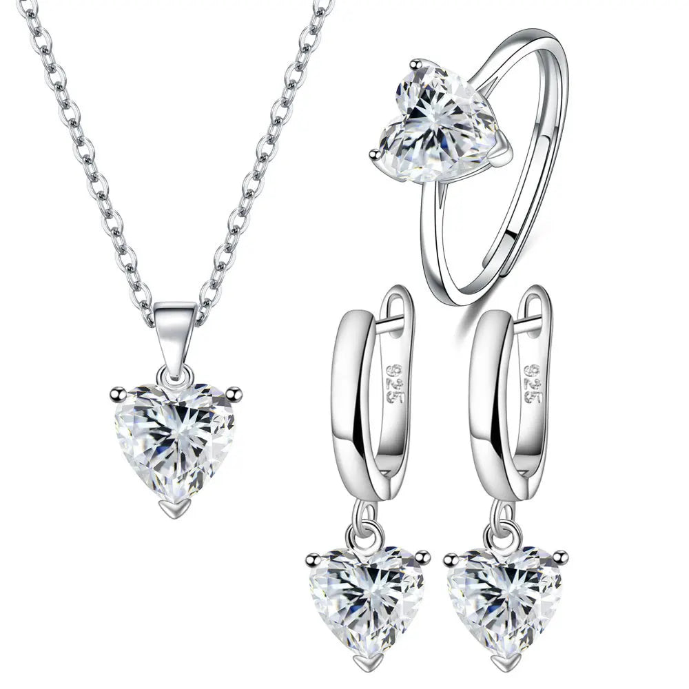 925 Sterling Silver Jewelry Sets For Women Heart Zircon Ring Earrings Necklace Wedding Bridal Elegant Christmas 18k italian real gold jewelry set for women wedding rings bracelet