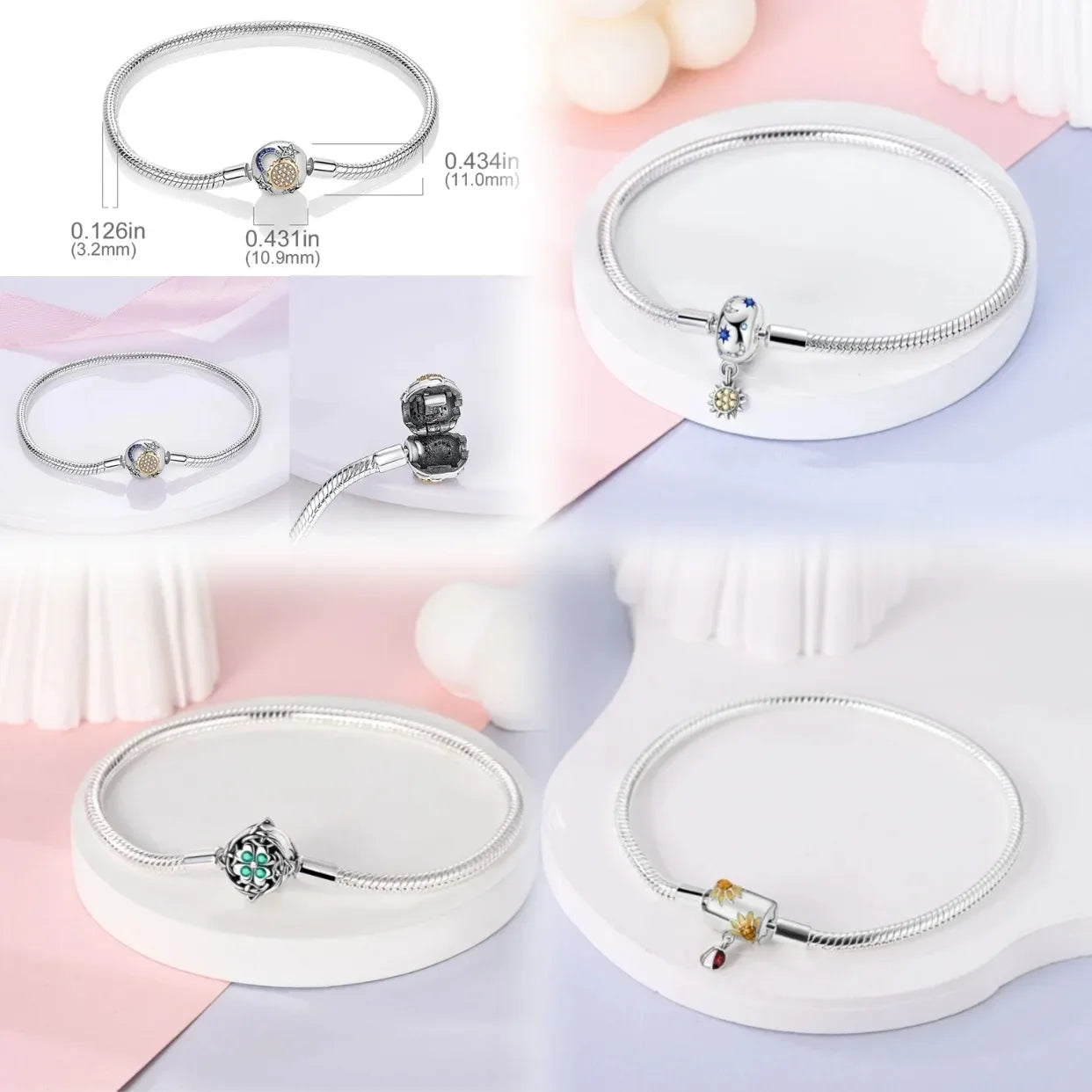 Silver 925 Bracelet Original Bracelets Colorful Zircon Heart Flower Cat Snake Chain For DIY Charms 17-20CM Luxury Jewelry Gifts mbzr