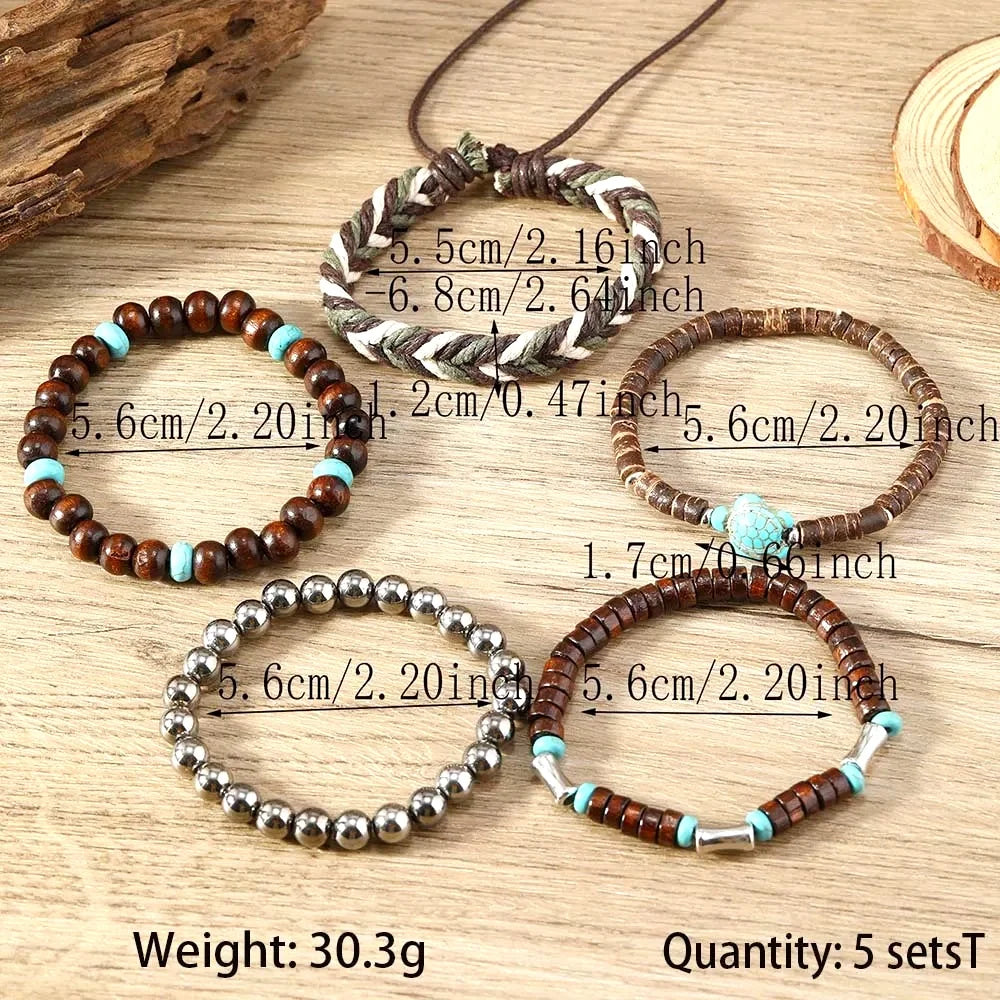 5-piece Bohemian Sea Turtle Vintage Wooden Shell Wax Rope Woven Bracelet Set