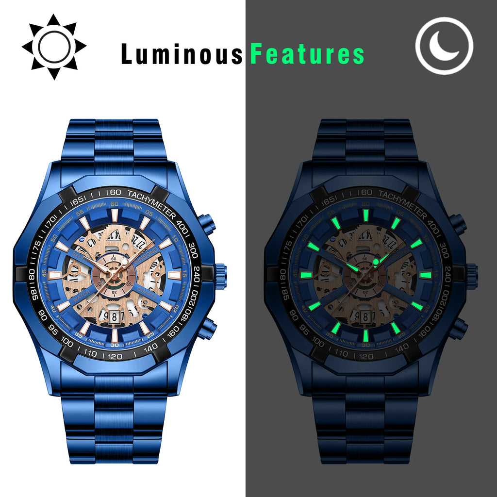 Men's Imitation Mechanical Quartz Watch Stainless Steel Strap Waterproof Watch Luminous Hands Dial Calendar Available mbzr