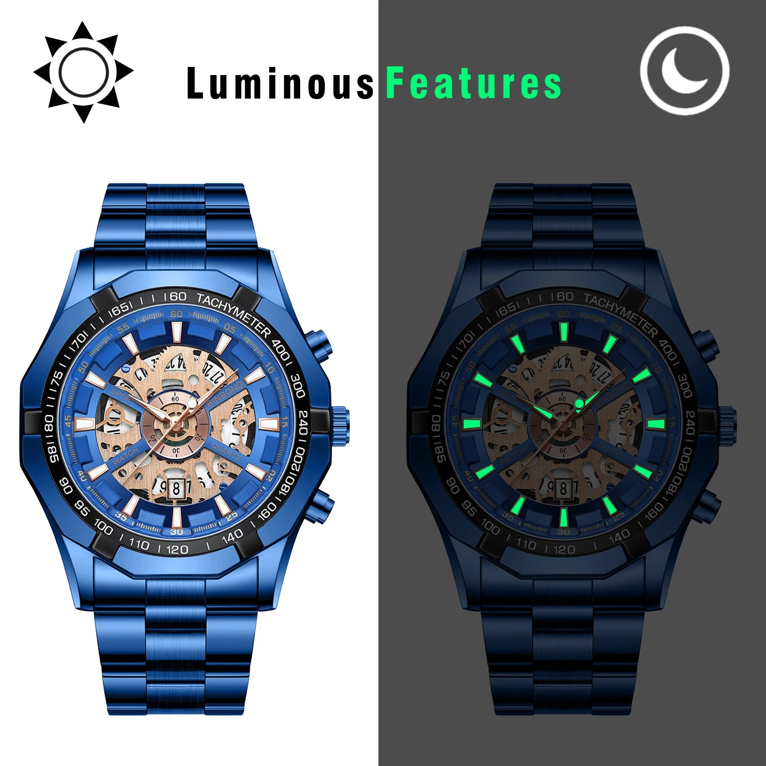 Men's Imitation Mechanical Quartz Watch Stainless Steel Strap Waterproof Watch Luminous Hands Dial Calendar Available mbzr