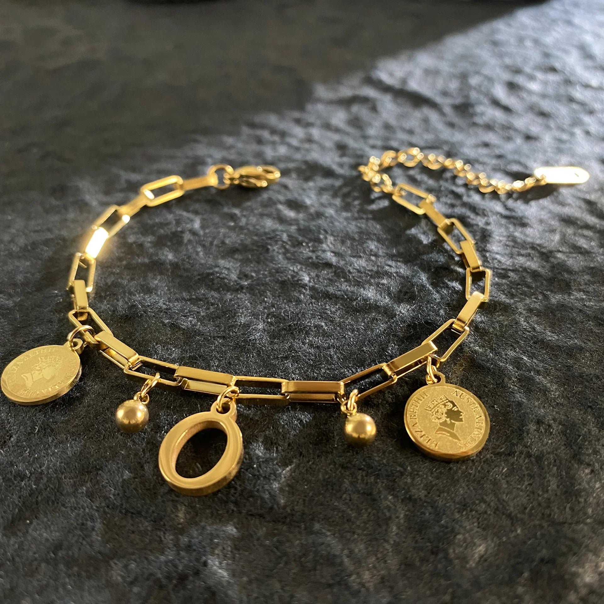 1pc Queen Coin Letter plated Stainless Steel Bracelet for Women Small Bell Pendant Adjustable Bracelet Classic Jewelry Gift