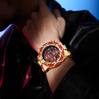 YaLaLuSi Two Tone Gold Red Mens Racing Wristwatch Large Rugged Case Multi-Function Chrono Timer Luminous Indices Polished Metal Band Fashion Quartz Watch For Workout Motorcycle Camping