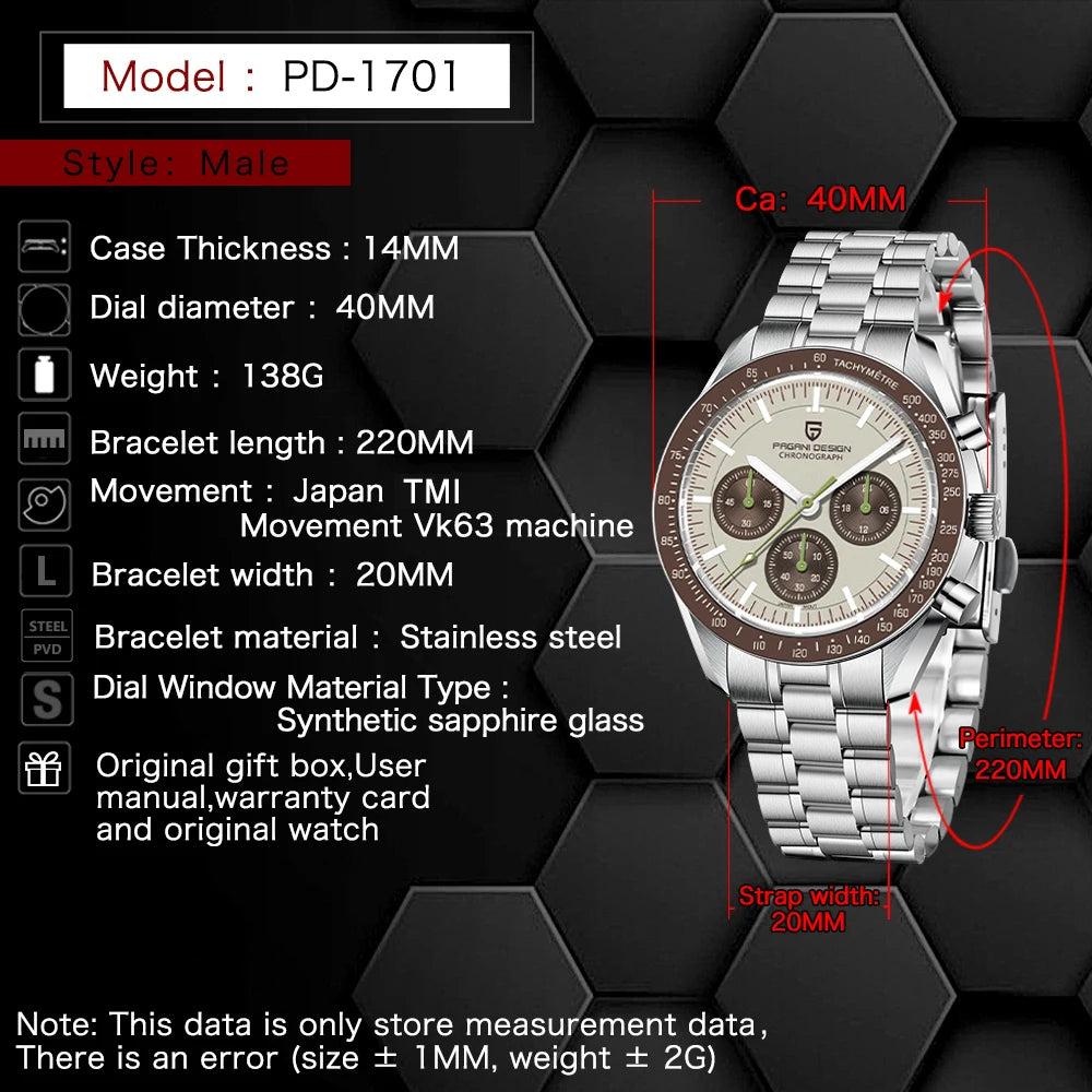 PAGANI DESIGN 2026 New Light Tan Retro Quartz Watch For Men Sports Chronograph AR Sapphire Crystal Luminous Wrist Watch Men VK63