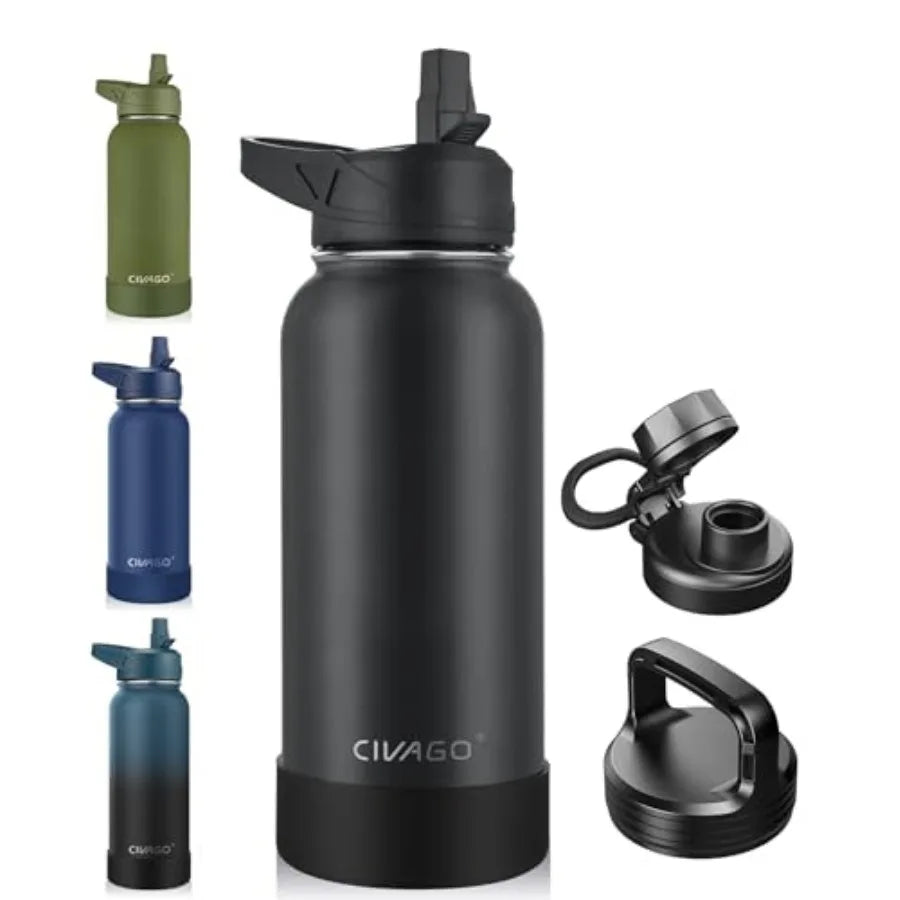 Insulated Water Bottle With Straw, Stainless Steel Sports Water Cup Flask with 3 Lids Straw, Spout and Handle Lid,Wide Mouth Tr mbzr