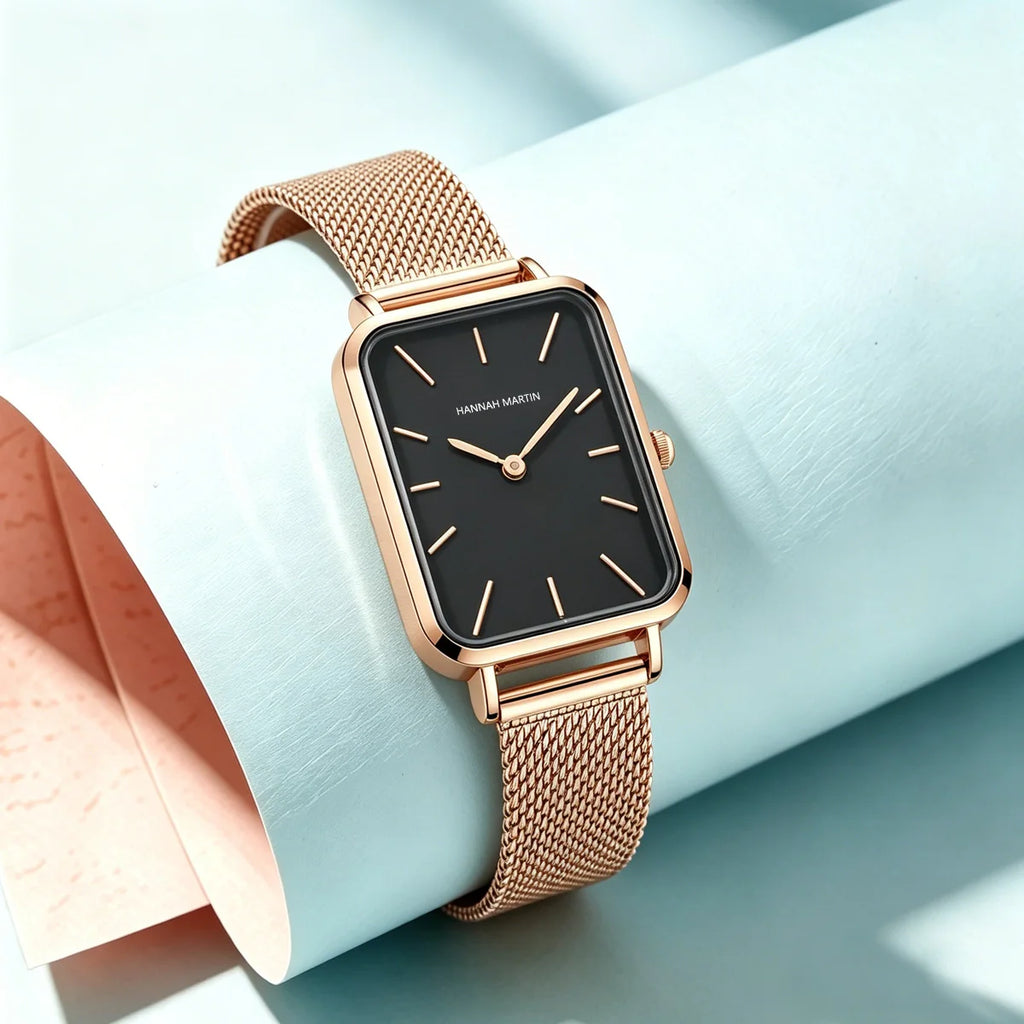 Hannah Martin Womens Watch US Local Shipping Square 34mm Dial Simple Bar Scale Silver Stainless Steel Milan Strap Japanese Original Quartz Movement Clock Nordic Fashion Style Suitable for Various Dressing Styles, Women Gift C