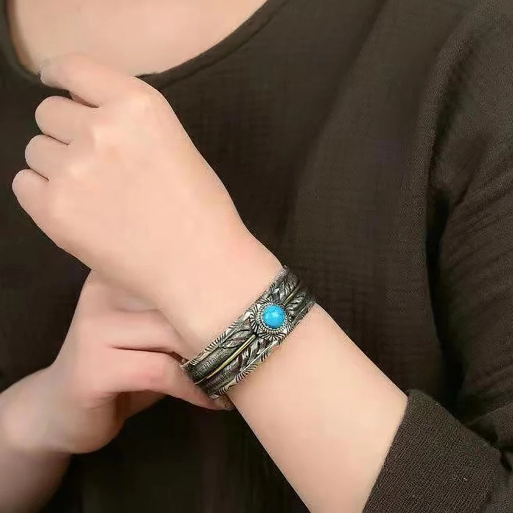 Vintage Copper Plated Silver Color Feather Unisex Bracelet Open Cuff Bangle With Turquoise Retro Style