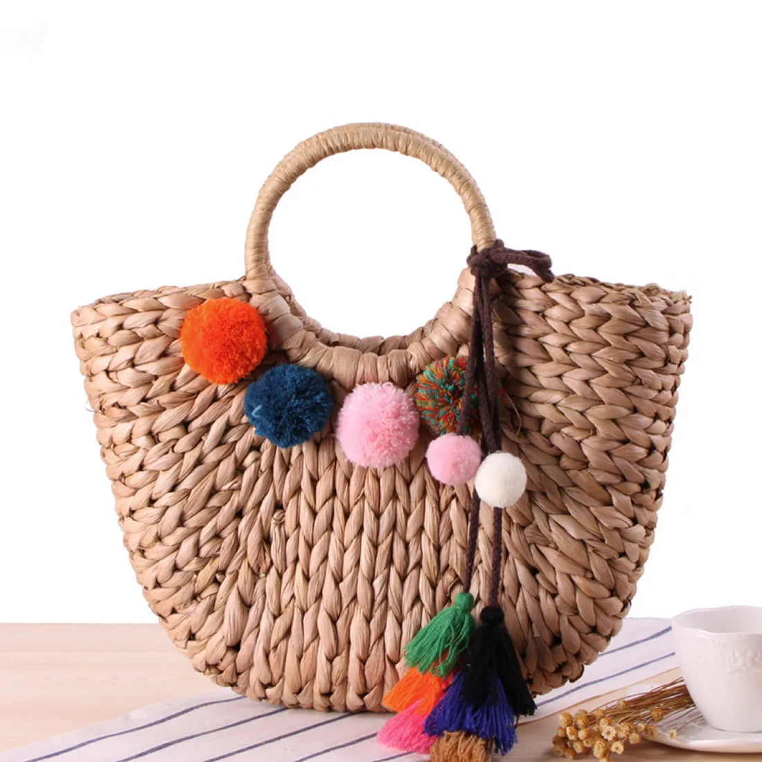 Straw Woven Handbags Beach Bag Handmade Woven Bucket Bag Shopping Tote Bag mbzr