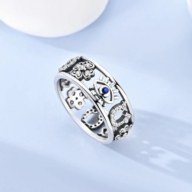 MULA Wedding Band Rings for Women Man 925 Sterling Silver Evil Eye Hand Celtic Knot Four-Leaf Clover Ring Stackable Jewelry Gift