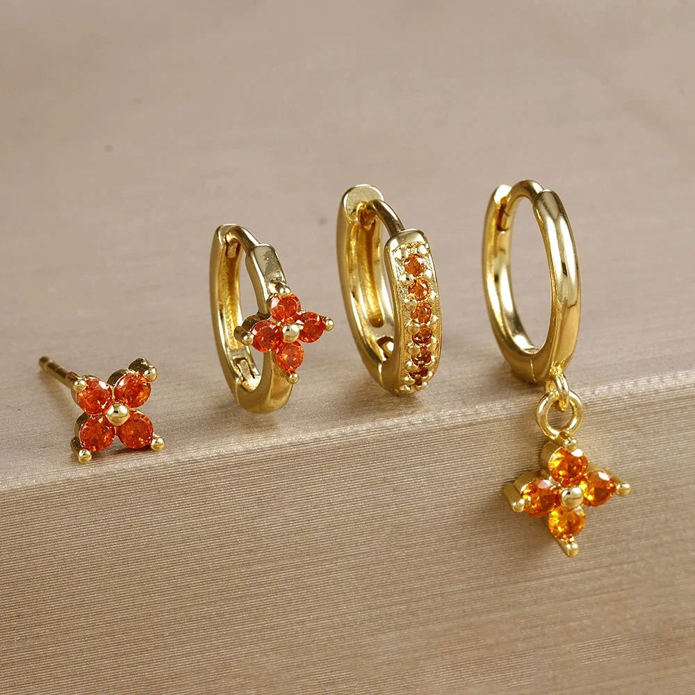 4pcs Fashion Cubic Zirconia Flower Hoop Earrings Set 18K Gold Plated Stainless Steel Stud Earring Piercing Jewelry aretes mujer