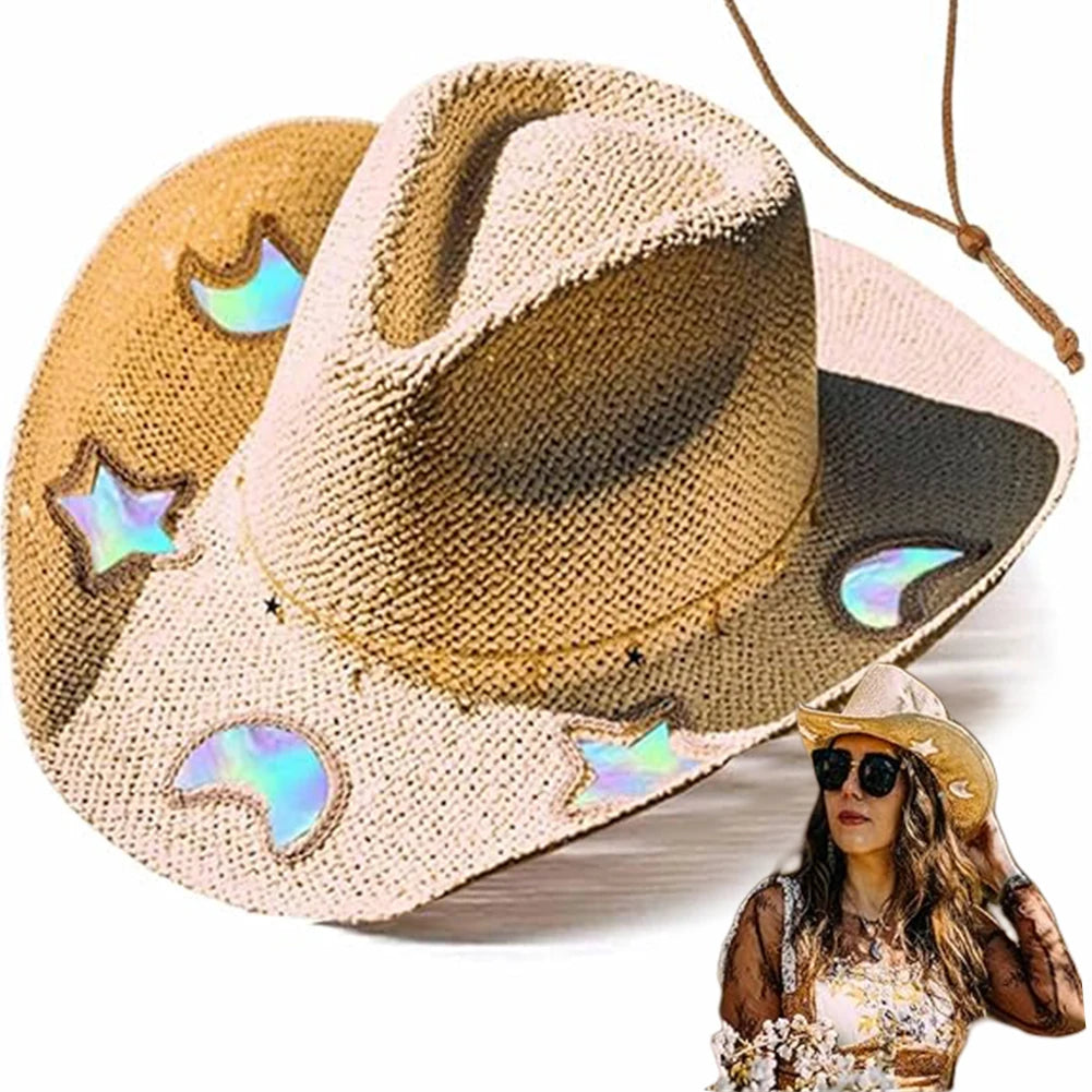 Straw Beach Sun Hat Cowgirl Hat Shaped Vintage Summer Woven Sun Hat