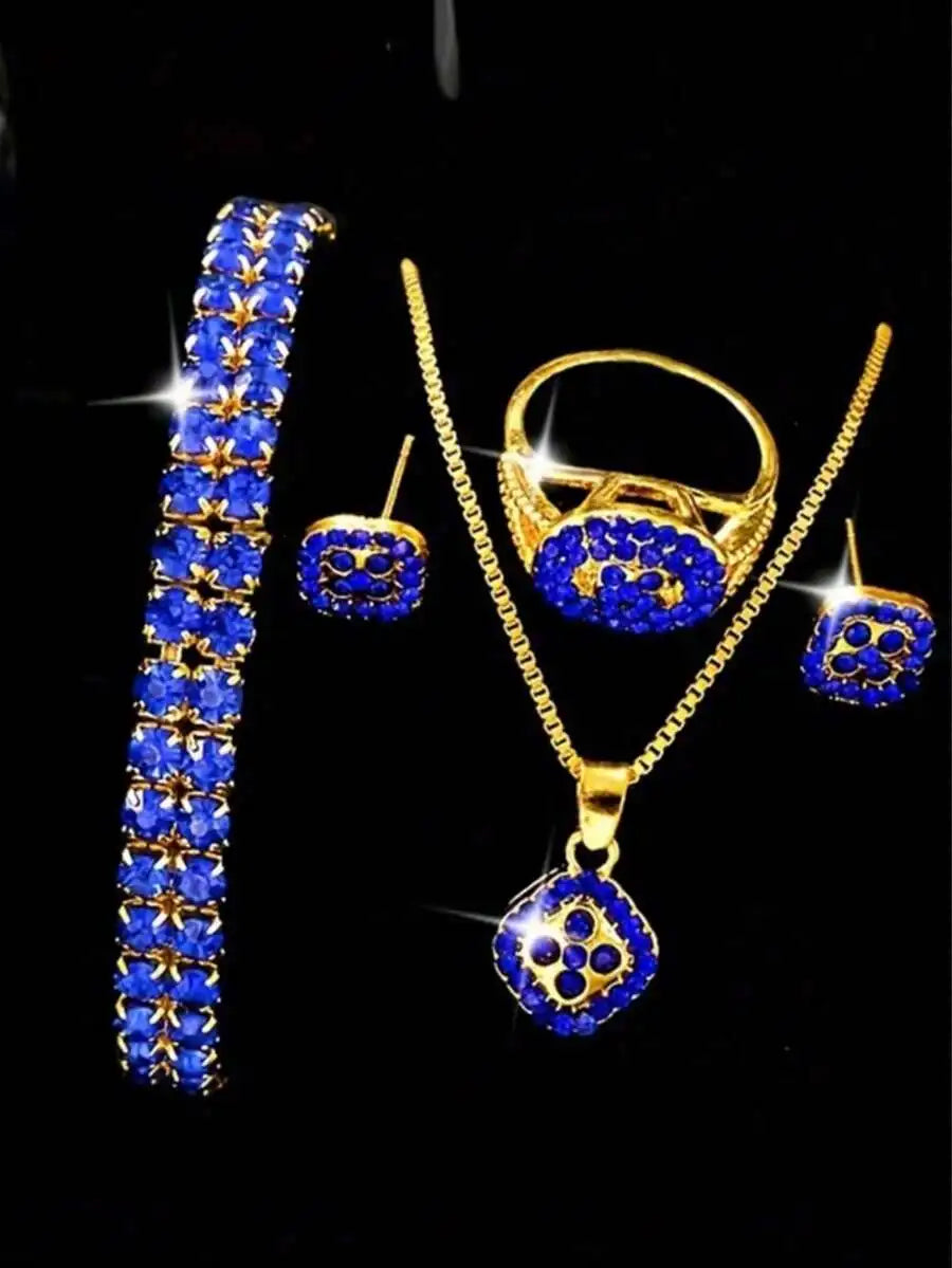 Luxury Blue Crystal Inlaid Alloy Womens Quartz Wristwatch With Bracelet Band mbzr