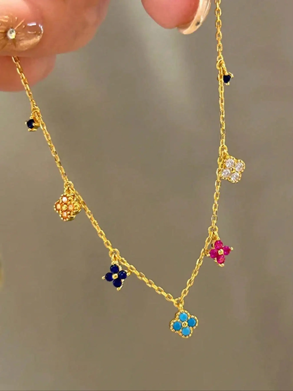 1 Stück Kupfer & Glas zarte Glücksklee Blumen Halskette, süßer & eleganter Stil für Frauen