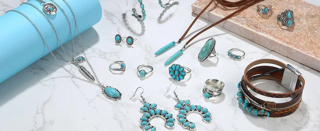 Bohemian Turquoise Jewelry Set Pendant Choker Necklace Faux Leather Cuff Bracelet Hoop Dangle Earrings mbzr