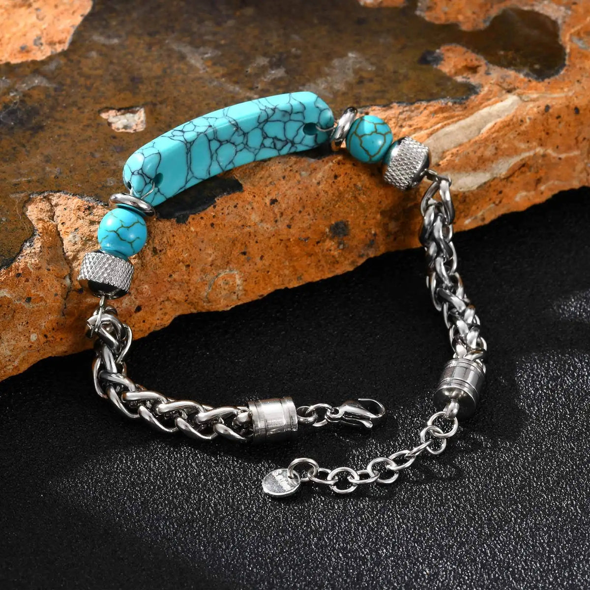 Vnox Stainless Steel Natural Turquoise Bead Bracelet for Men, 19+3cm Adjustable Chain Wristband