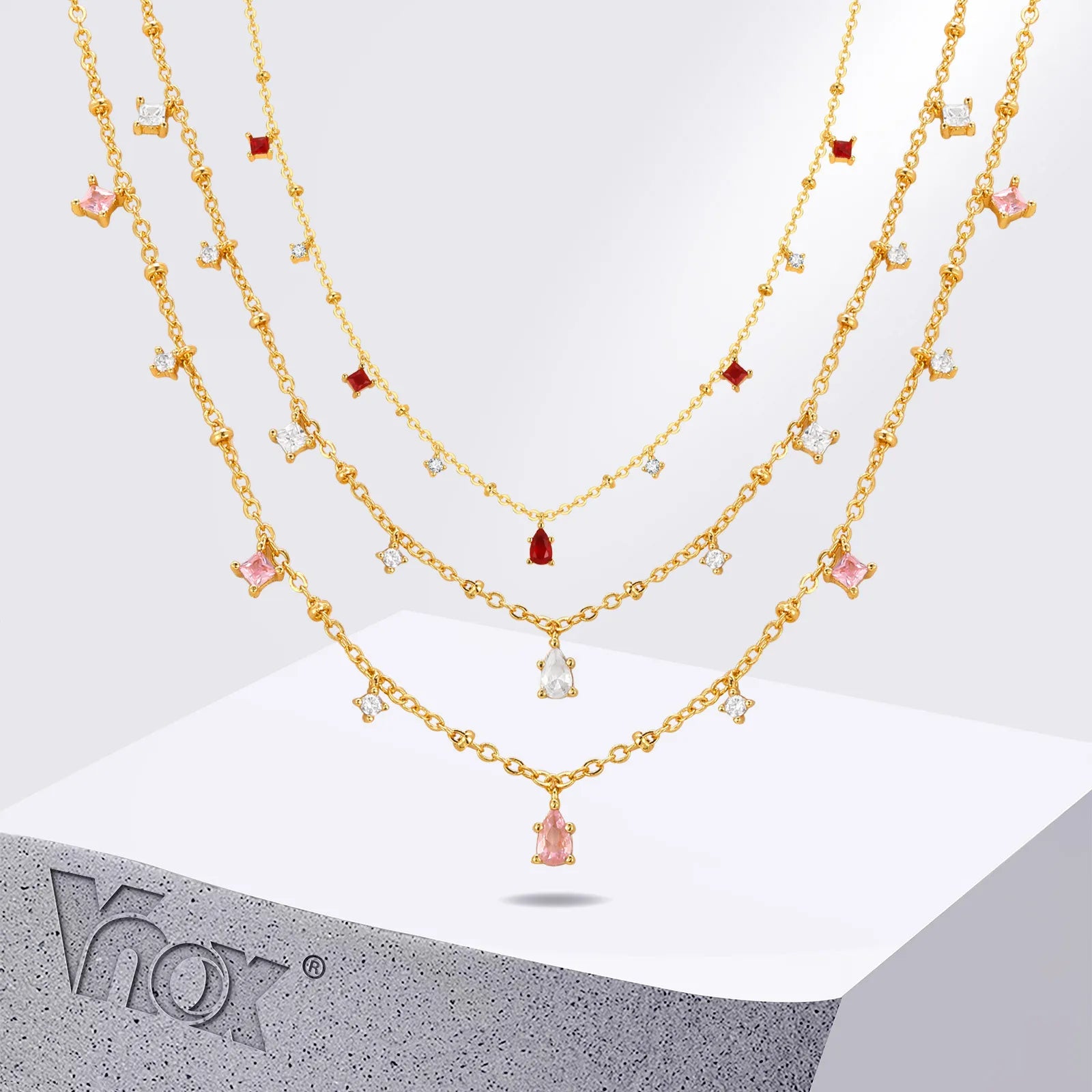 Vnox Sparking Clear Stones Charms Necklaces for Women,Gold Plated CZ Stones Pendant Necklaces,Trendy Jewelry Gifts for Girls