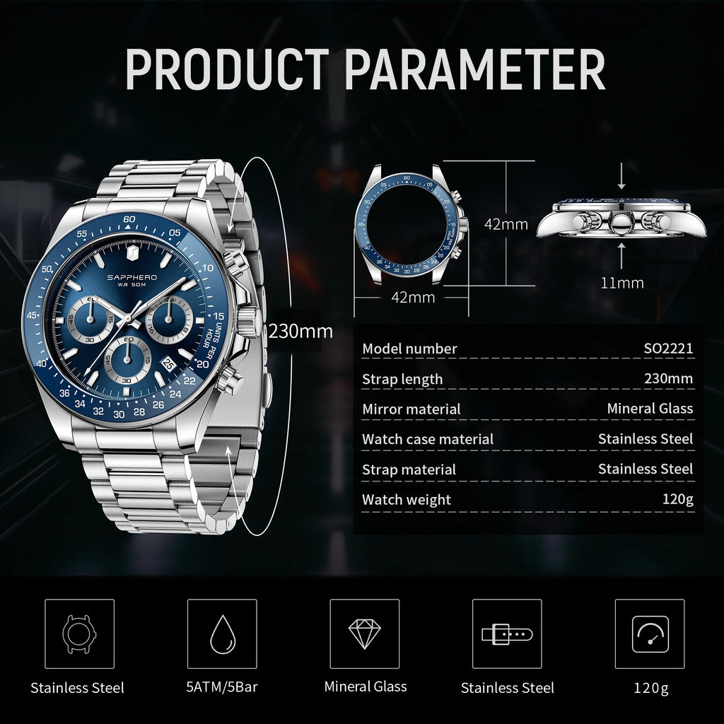 SAPPHERO Men Chronograph Watch Luxury Quartz Stainless Steel Blue Dial 50M Waterproof Mineral Glass Sport Business Wristwatch mbzr