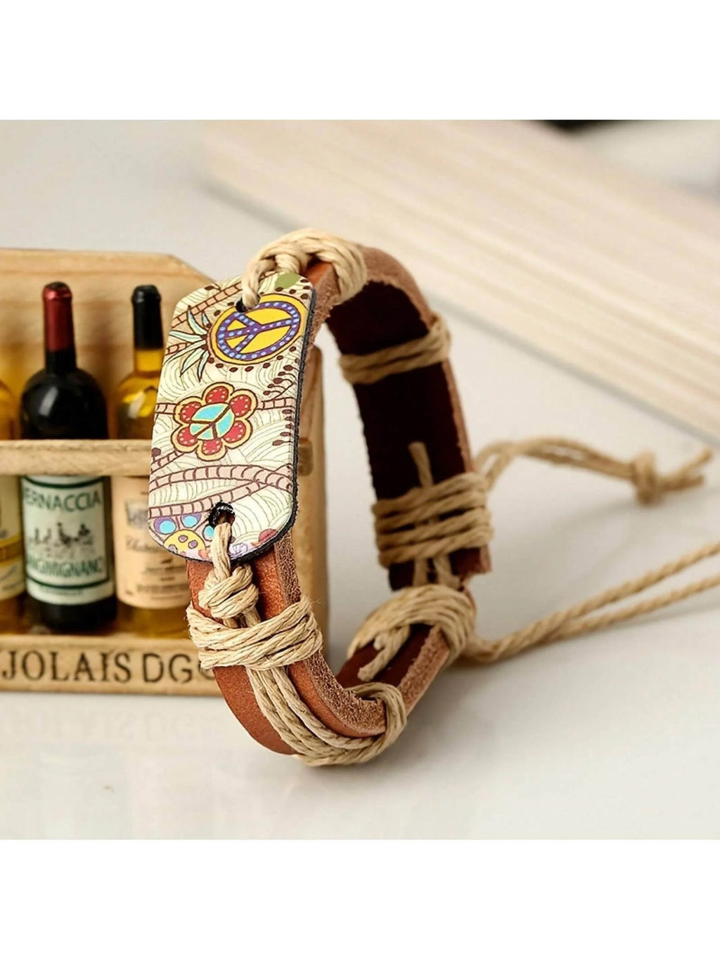 Vintage Style Hot Paint Peace Sign PU Leather Bracelet Woven Bracelet