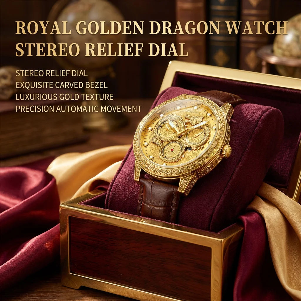 1pcs Men's Gold Leather Band Luxury Business Moon Phase Quartz Watch for Party Holiday Gift mbzr