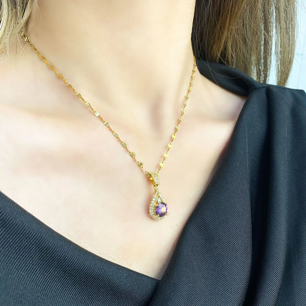Romantic Vintage Teardrop Necklace, Round Purple Stone Halo Setting Gold Plated Pendant Necklace, Elegant Party Aesthetic Neck Jewelry