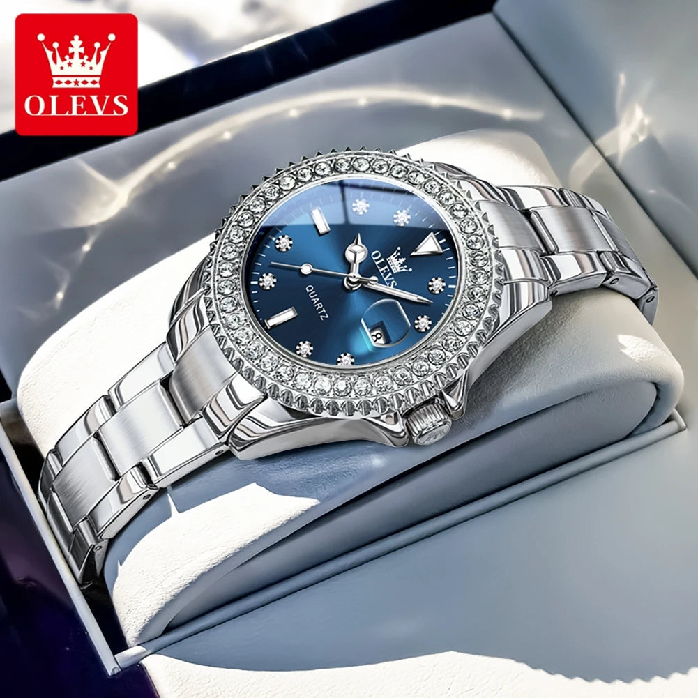 OLEVS 9945 Luxury Women Original Quartz Movement Watch Diamond Scale Stainless Steel Bracelet Luminous Function 30M Waterproof Watch mbzr