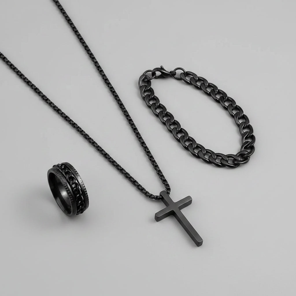 Men's Stainless Steel Jewelry Set: Cross Pendant Necklace + Cuban Link Bracelet + Engraved Band Ring - Fashion Hip Hop Accessori mbzr