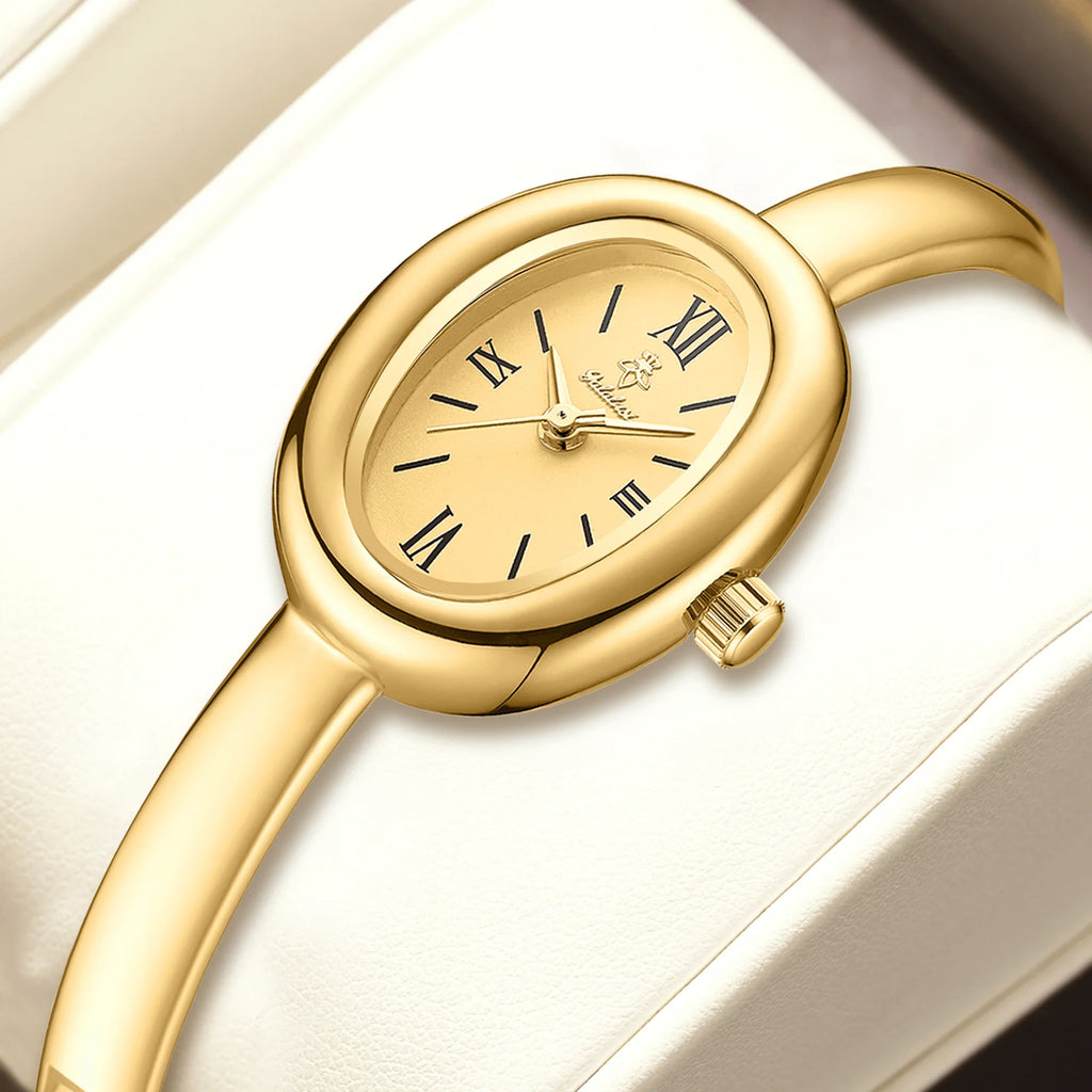 YaLaLuSi Vintage Green Oval Dial Gold Bangle Watch Elegant Retro Roman Numeral Ladies Quartz Wristwatch Luxury Women  Gift