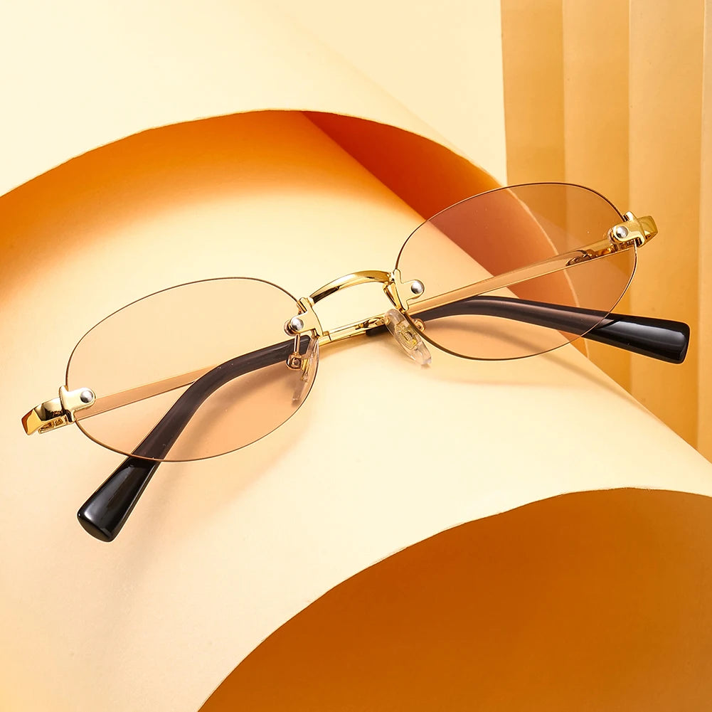 Peekaboo Fashion Oval Sun Glasses for Women Metal Men Rimless Sunglasses Round Unisex Brown Black Uv400 Female Trendy Gift