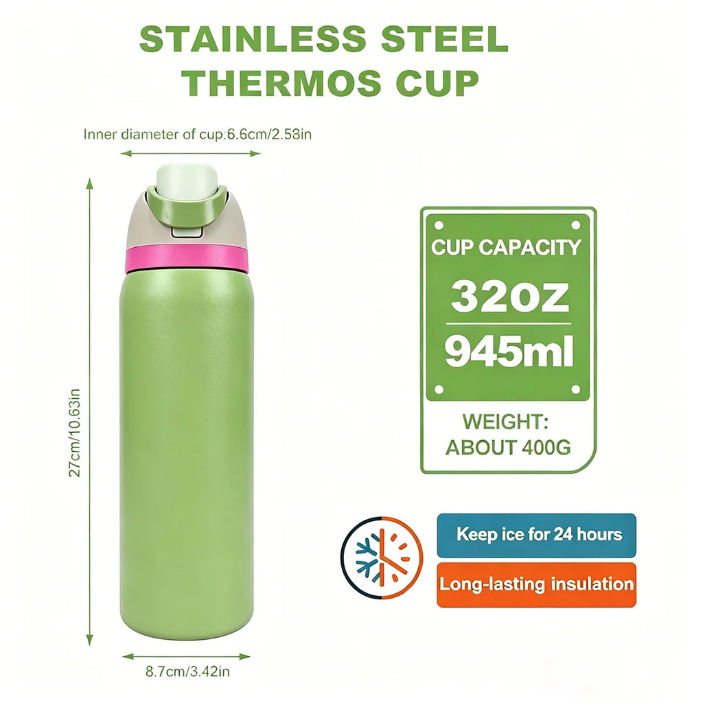 Owalaa avocado green 32oz/945ml stainless steel insulated water bottle with straw,for daily sports outdoor,perfect gift mbzr