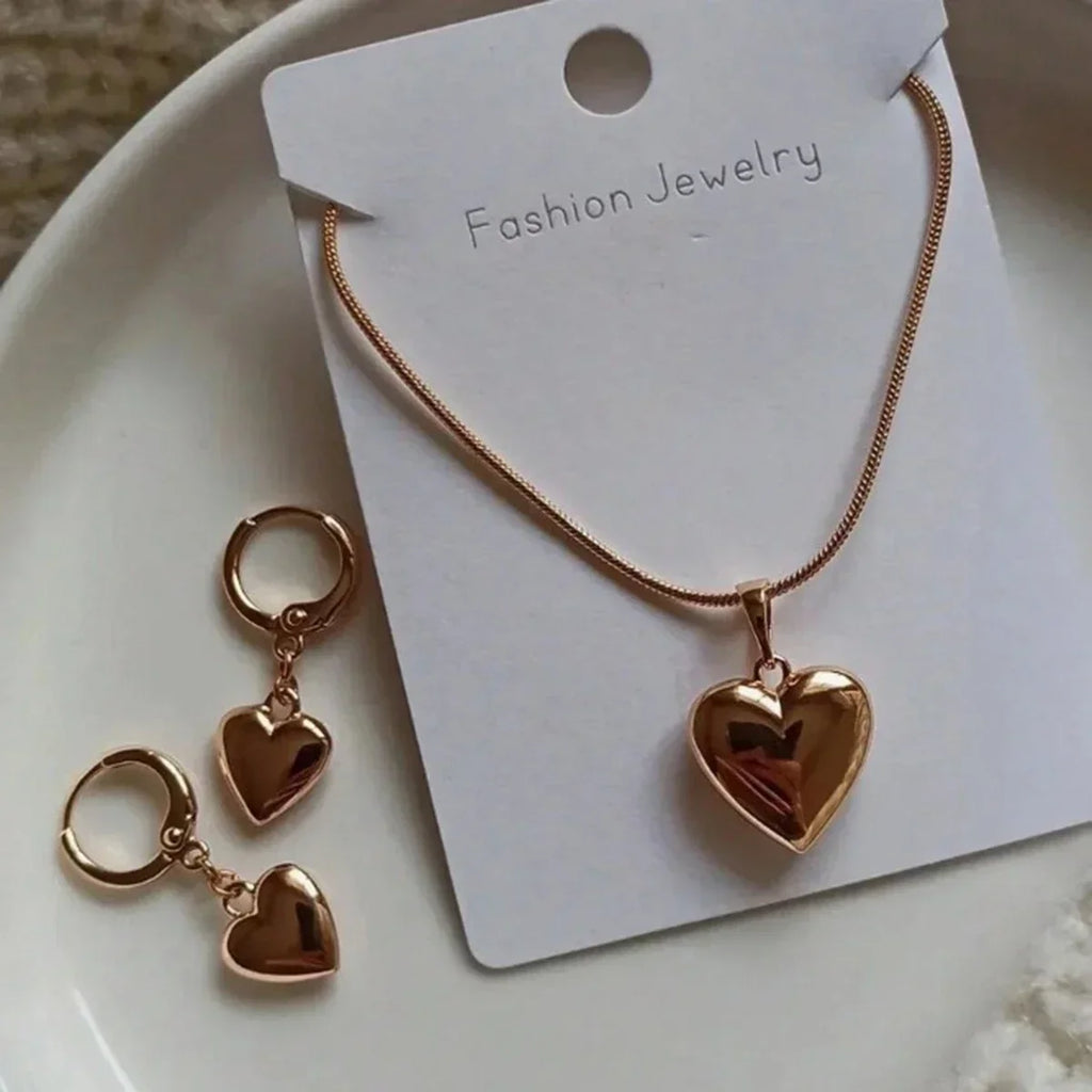 Minimalist Puffy Heart Jewelry Set, Rose Gold Snake Chain Necklace & Heart Drop Earrings, Elegant Daily Wear Jewelry