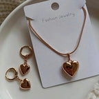 Minimalist Puffy Heart Jewelry Set, Rose Gold Snake Chain Necklace & Heart Drop Earrings, Elegant Daily Wear Jewelry