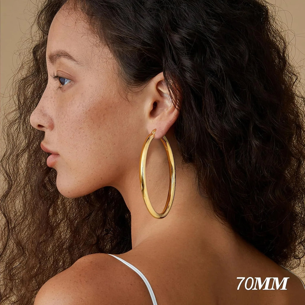 14K Chunky Gold Plated Hoop Earrings for Women 925 Sterling Silver Post Hollow Tube Hoops Earrings 4mm Thick Hoop Earrings Hypoallergenic Lightweight Gold Big Large Hoop Earrings 25/30/40/50/60/70MM