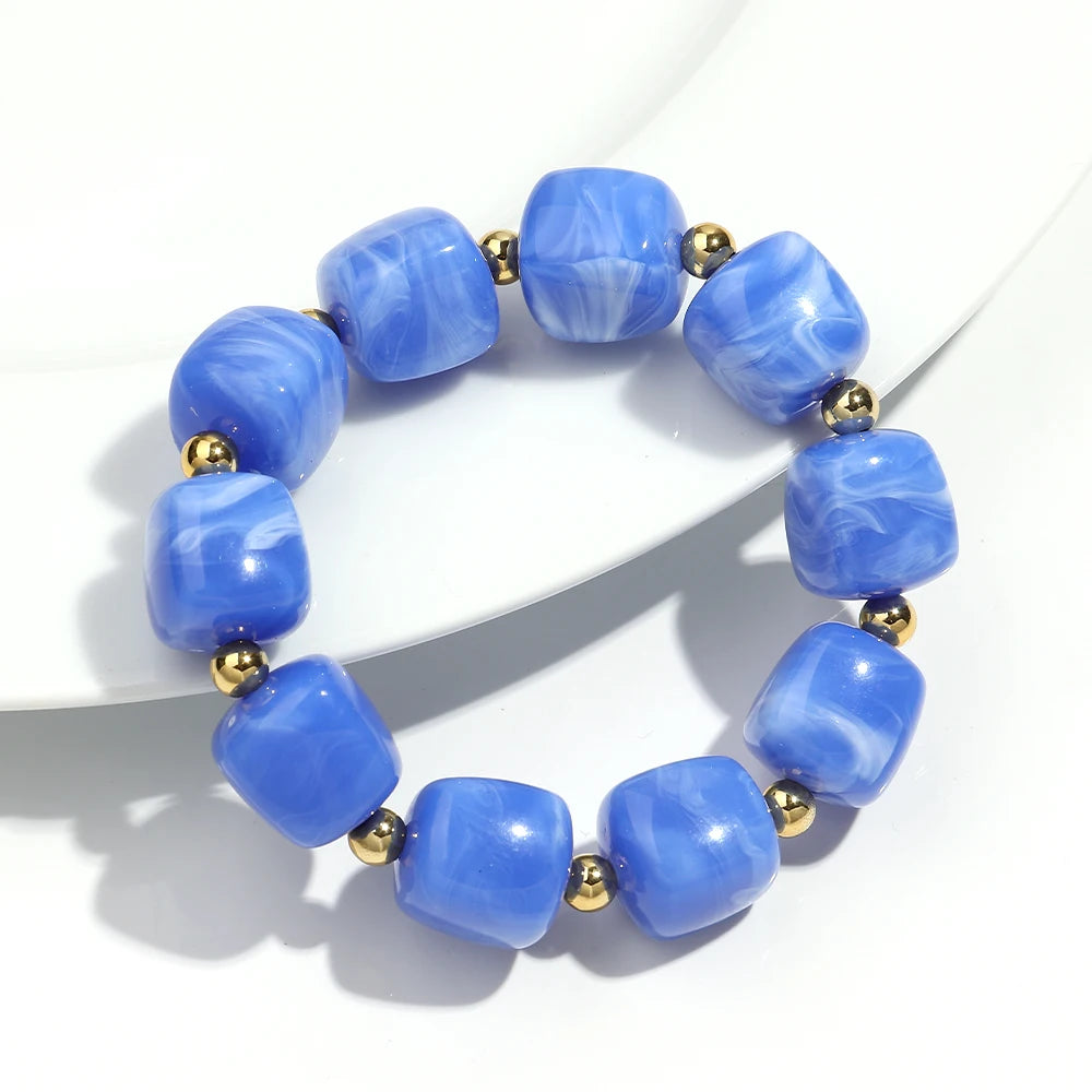 Exaggerated Geometric Beaded Acrylic Elastic Bracelets for Women Men Boho Trendy Square Beads Stack Bangle Retro Jewelry Gift mbzr