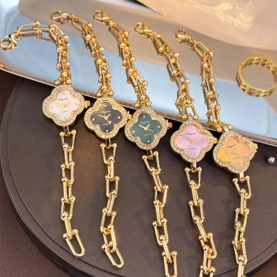 Lucky Four-Leaf Clover Design Women's Watch with Gold Chain and Gem-Studded Bezel mbzr