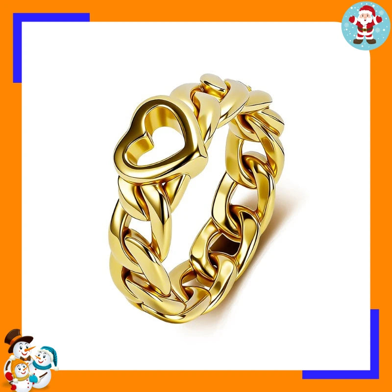 Trendy Cuban Chain Heart Ring Niche High-end Titanium Steel Gold-plated Fashion Commuter Ring