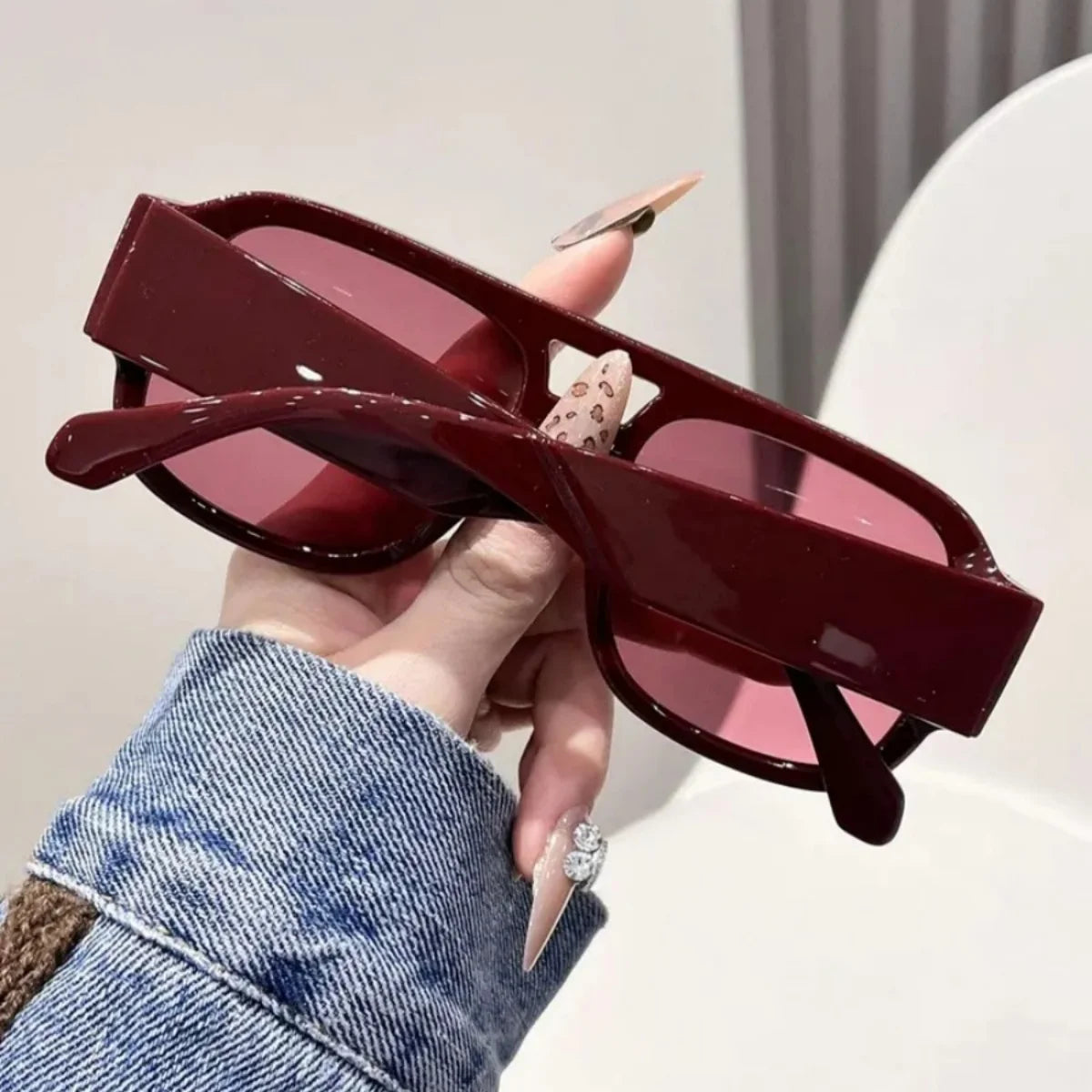 Retro Square Aviator Sunglasses — Burgundy Frames with a Cutout Bridge Design mbzr